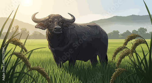 Carabao Standing in a Lush Green Rice Field with Mountains in the Background.