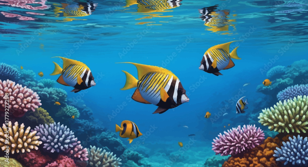 Fototapeta premium Colorful Butterflyfish Swimming Among Coral Reefs in Clear Blue Ocean Water.