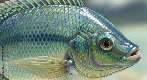 Close-up of a Tilapia Fish with iridescent scales and prominent dorsal fin.