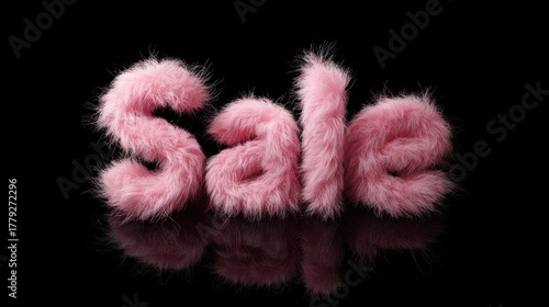 Pink fluffy fur text reads Sale on a black reflective surface
