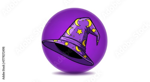 Vibrant Purple Wizard Hat with Golden Stars and Moons on Shiny Orb Icon