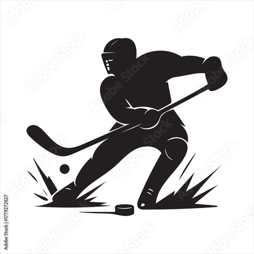 Ice hockey player silhouette in action, hitting the puck swiftly isolated on white background