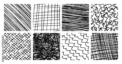 Set of monochrome hand-drawn crosshatch textures