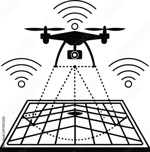A black and white illustration of a drone scanning a grid with wireless signals and dotted lines showing data