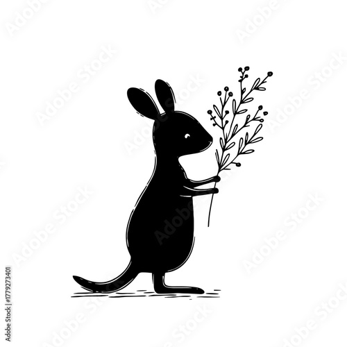 Wallaby. Wallaby simple black and white line art vector logo