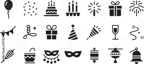 Black party and celebration icons on white background