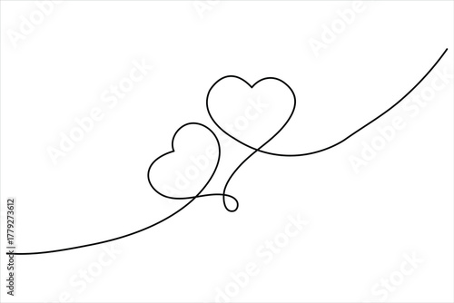 Continuous one-line drawing of two different-sized hearts connected by a single line