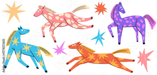 Crayon abstract horses and stars set. New Year 2026 symbol, hand drawn chalk pencil animal. Vector horoscope celebration graphic, holiday creative cute banner, poster, placard or calendar print.