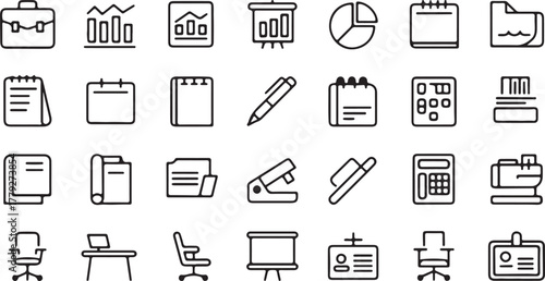 Business office icons set black and white line art