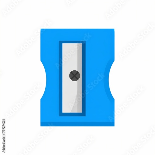 Blue rectangular pencil sharpener with a silver blade and a black dot.