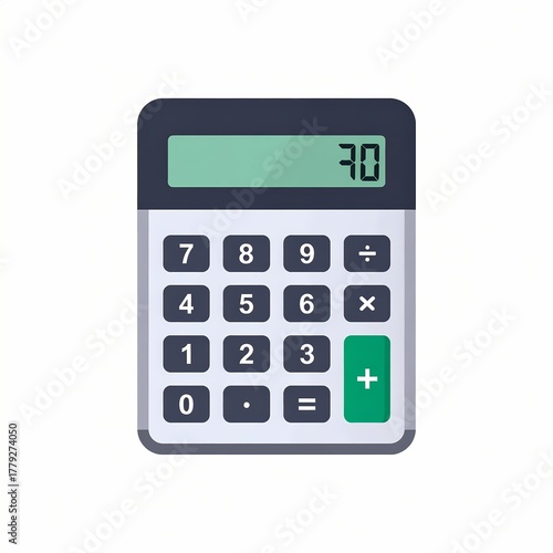 Digital calculator with the number 70 on the screen on a white background.