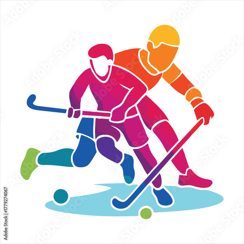 Field hockey players in action, colorful vector illustration isolated on white background