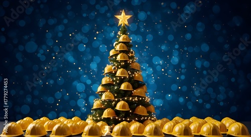 Festive Christmas tree made of yellow hard hats, celebrating holidays for industrial professionals against a sparkling blue backdrop