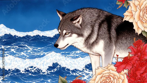 A coastal wolf on a beach. 