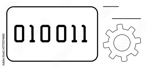 Binary code displayed on a screen panel alongside a cogwheel suggesting data processing, coding, and system efficiency. Ideal for technology, automation, programming, AI, IT systems, data