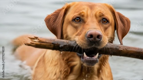 A golden retriever emerges from water, holding a stick. Its eyes are focused and it looks content
