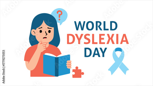 World dyslexia day illustration: child struggling with reading isolated on white background