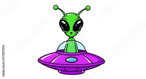 Playful Green Alien Character with Big Eyes in Shiny Purple Flying Saucer Vector