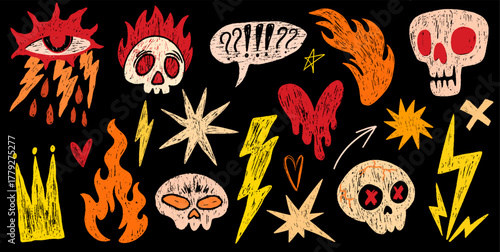 Crayon punk rock doodle set. Hand drawn scull, star, crown, lightnings, arrow and heart with pencil texture. Grunge grafitti icon tattoo. Scribble marker rock music vector elements