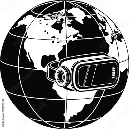 A black and white illustration of a globe with a vr headset placed on top of south america area