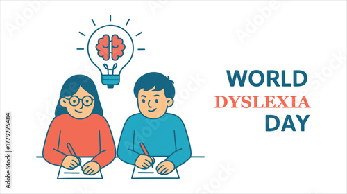 World dyslexia day: two children studying, lightbulb brain idea isolated on white background