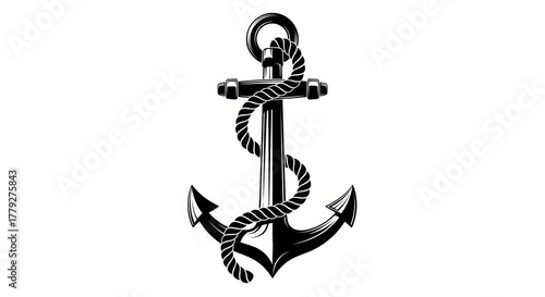 Black anchor with rope isolated on white background