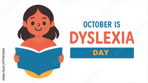 Girl reading book, october is dyslexia day awareness campaign isolated on white background