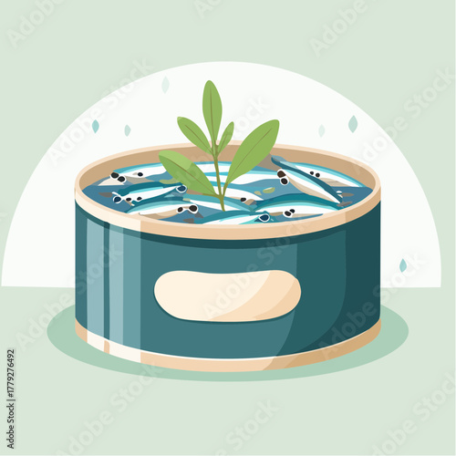 Canned Sardines With Fresh Green Sprout In A Blue Metal Tin On A Light Green Background With Abstract Arc