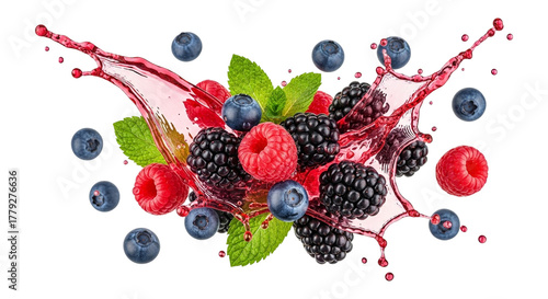 Fresh raspberries, blackberries, and blueberries with juice splash isolated on transparent background for healthy eating concept