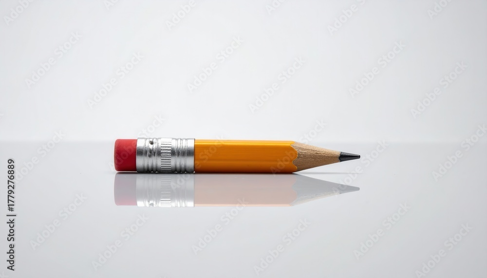 Obraz premium Yellow Pencil with Red Eraser on Reflective Surface