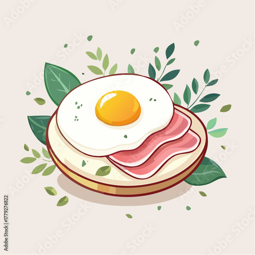 Delicious Breakfast Bagel With Fried Egg And Ham Surrounded By Green Leaves On A Light Pink Background