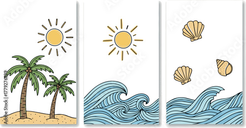 Set of abstract summer poster in doodle naive style. Modern prints with hand drawn palm tree, sun, sea, wave, seashells. Vacation and beach concept. Trendy design for cards, wall art, branding. vector