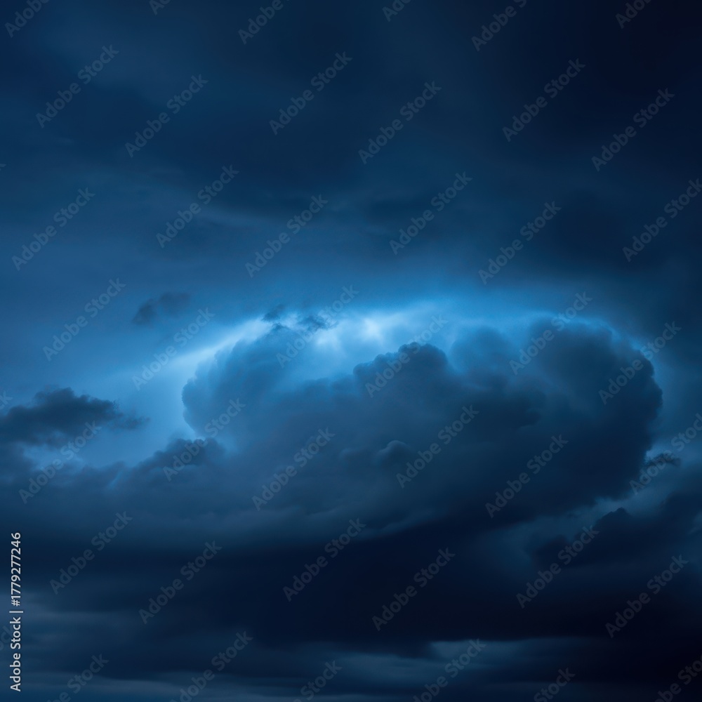 Fototapeta premium Dramatic dark blue storm clouds with bright light breaking through