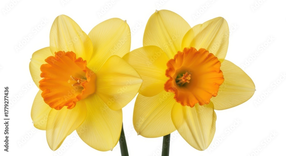 Fototapeta premium Two yellow daffodils with orange centers isolated on white background