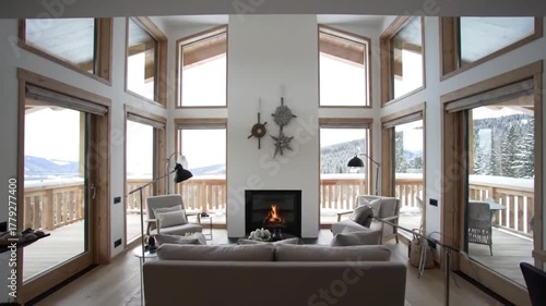 Warm cozy fireplace in luxurious modern ski chalet living room