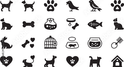 Collection of black pet and animal icons on white background