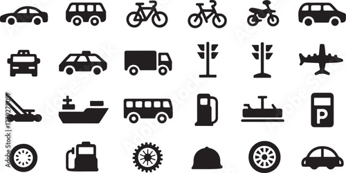 Collection of black transportation and vehicle icons