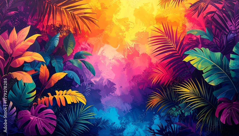 Naklejka premium Vibrant abstract tropical jungle with glowing neon colors and exotic palm leaves creating a beautiful, surreal background