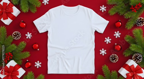 christmas gift wrapping on a red background with a white t-shirt mockup
