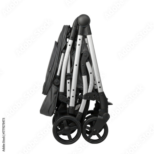 Folded lightweight baby stroller with black and silver frame on transparent background