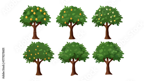 A Variety of Trees: An eye-level array of various trees, a tranquil scene of nature's simple grandeur, featuring verdant branches and bountiful fruits.