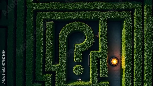 stammer. Aerial view of a hedge maze shaped like a question mark with a light symbol at its end. travel magazines, destination branding, designed for outdoor magazines and nature guides.