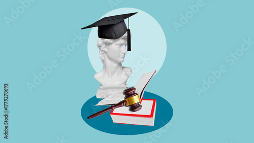 Photos Gavel and scales of justice with books as symbols of legal education