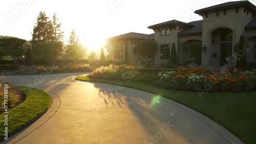 Luxury home exterior at sunset with beautiful manicured landscaping