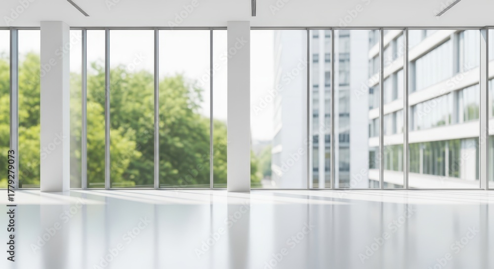 Fototapeta premium Modern empty office space with large windows and city view