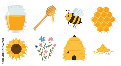 Honey Sticker Set – Flat Vector of Jar, Bee, Honeycomb, and Flowers