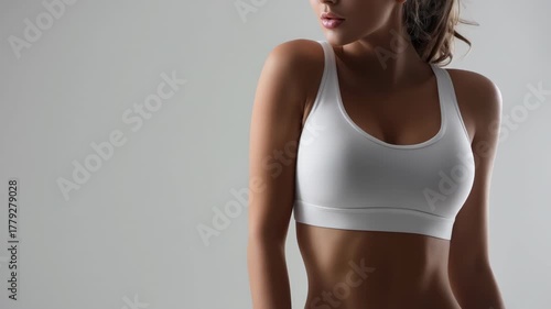 Young athletic woman white sports bra showing toned abdominal midsection and confident posture, fitness torso, soft studio lighting, neutral