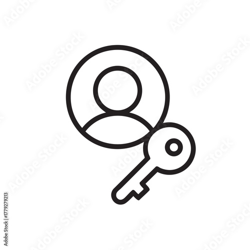 Black outline of a magnifying glass over a user icon and key