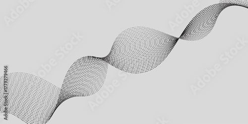 Dotted wave line background. Black halftone undulate pattern. Abstract particle flow wave wallpaper. Curved dashed gradient net design element for poser, banner, presentation, booklet, flyer. Vector