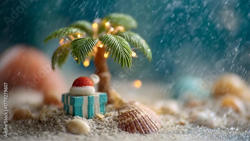 Miniature palm gift sand seashell holiday hat rain bokeh lights beach scene palm tree tiny gift shell festive sandy texture tropical ornament soft